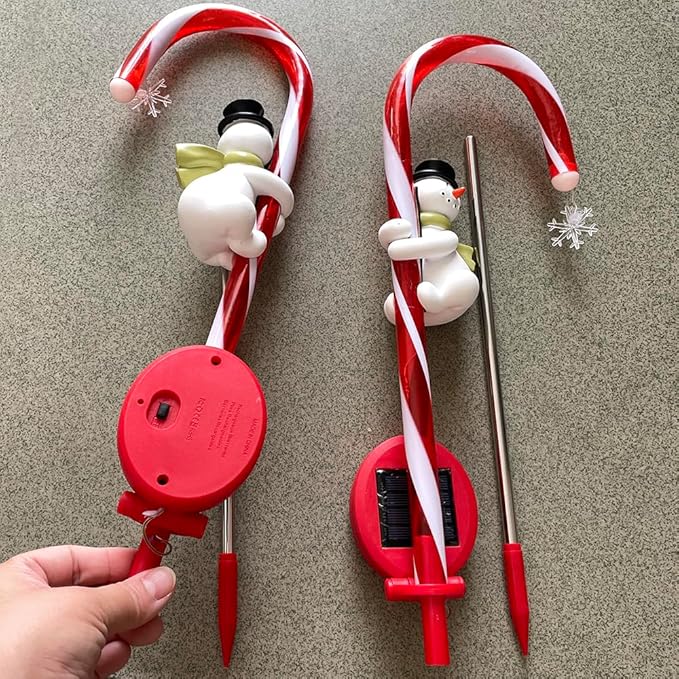 2 Pieces Set 27 Inch Christmas Solar Snowman Candy Cane Lights Pathway Markers Waterproof Outdoor Landscape Lights Decor Garden Spotlights for Xmas Party Lawn Wedding Festival CCN2