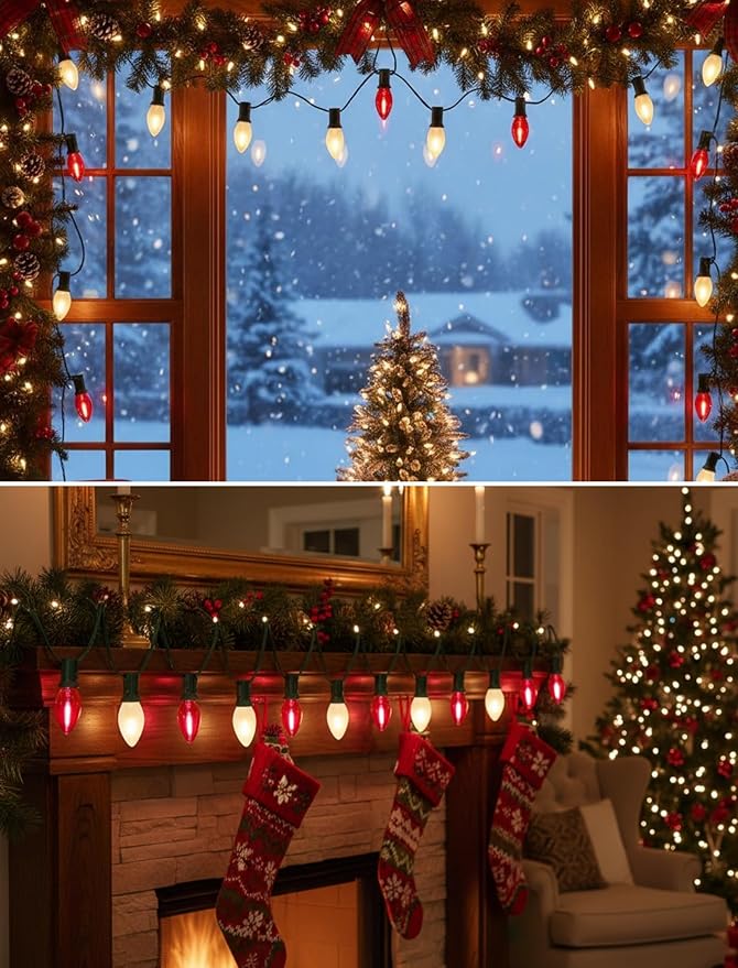 Red and White Christmas Lights Outdoor,25ft C7 LED Christmas Lights with 27 Transparent Red and Frosted White Bulbs,Connectable Vintage Light for Patio Xmas Garden Party Holiday Decor