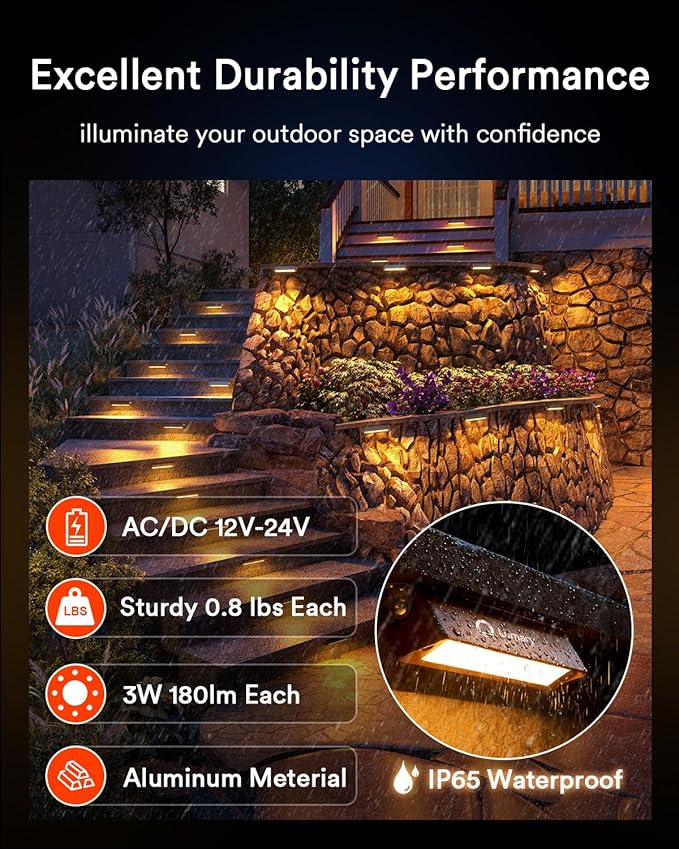 Lumary 8 Pack 12-24V Low Voltage Retaining Wall Lights with Hub, 7 Inch Smart LED Hardscape Paver Lighting, 2200K-6500K RGBCW Color Changing Outdoor Landscape for Step, APP/Remote/Voice Control, Brown