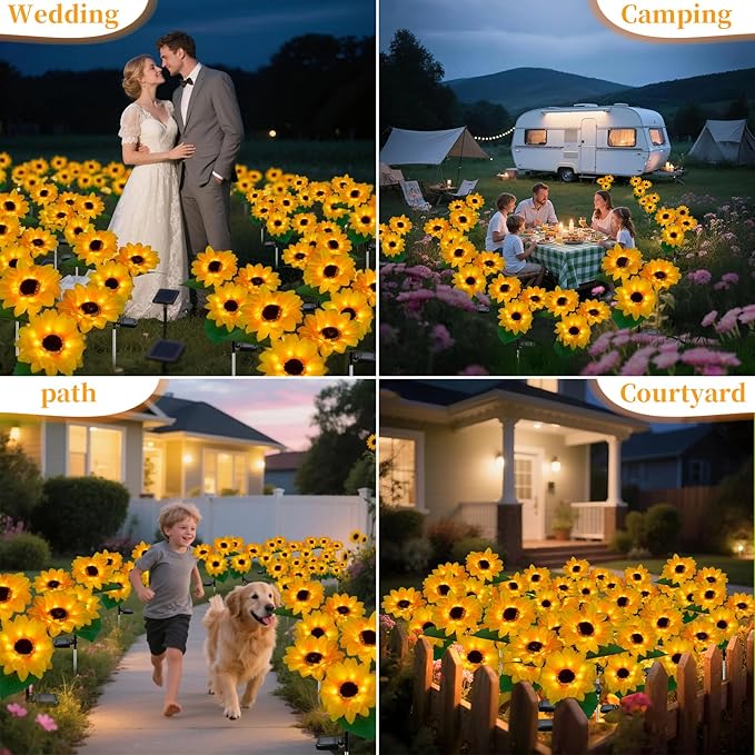 Outdoor Solar Garden Stake Lights,Upgraded LED Solar Powered Light with 3 Sunflower, Waterproof Solar Decorative Lights for Garden, Patio, Backyard (2 Pack 8 Flower)
