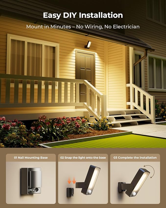 2 Pack Motion Sensor Outdoor Lights, 10000mAh Rechargeable 600 Lumen Battery Operated Outdoor Wall Lights with 3 | Lumora