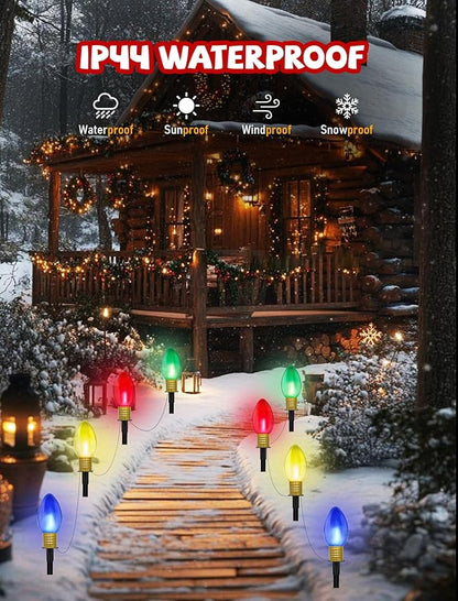 C9 LED Christmas Pathway Light Strings, 2 Pack 7FT Christmas Pathway Light Strings with 4 Jumbo LED Clear 4 Color Home Bulb Insert Rods for UL Listed for Lawn Walkway Lane Marker Lighting Decoration