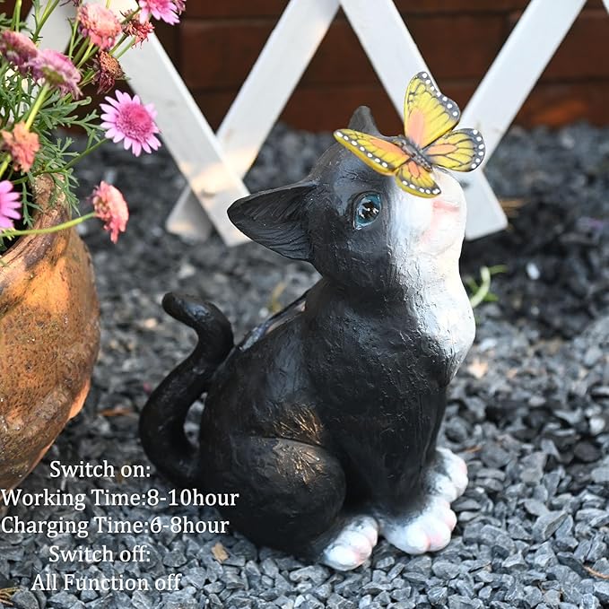 Cat Garden Figurines Outdoor Decor Solar Statue with LED Lights for Patio Lawn Yard Art Decoration Housewarming Garden Gift