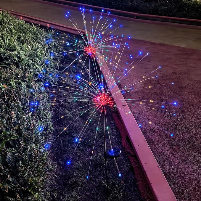 Solar Garden Firework Lights Outdoor Waterproof, 2 Pack 200 LED 8 Lighting Modes Sparklers Solar Twinkling Starburst Lights for Yard Flowerbed Pathway Fence Decorations, Multicolor