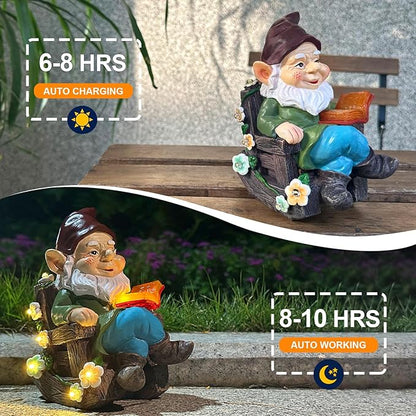 Solar Garden Gnome Statues Outdoor, Fairy Rocking Chair Gnomes Reading Book Succulents Figurines Lights Yard Art Sculpture Home Decor for Outside Patio Balcony Lawn, Unique Loved One Gifts for Mom