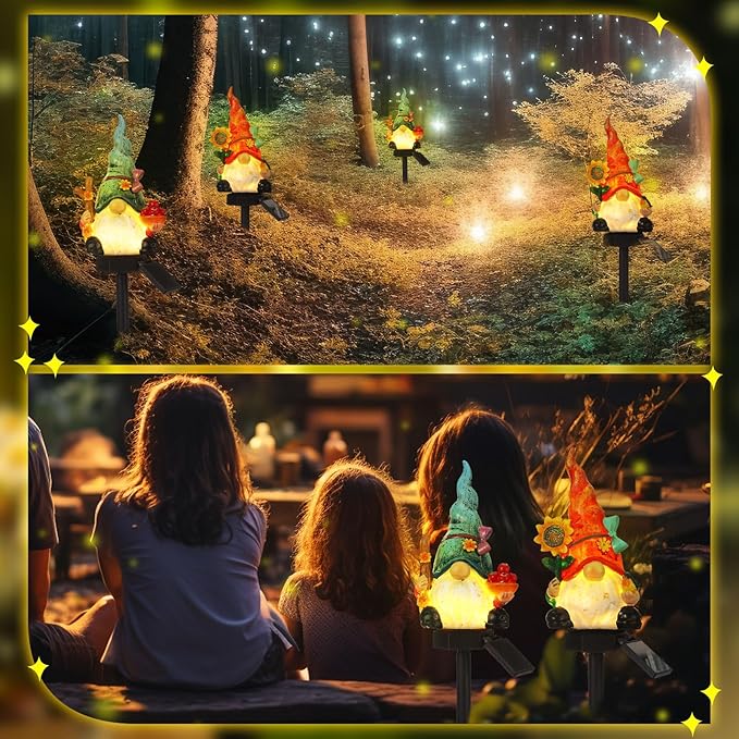 2 Pack Garden Decor Gnome Statues with Solar Lights Gnomes Lights Gifts for Mom Grandma Gnome Figurine for Outdoor Garden Pathway Lawn Patio Yard Decoration