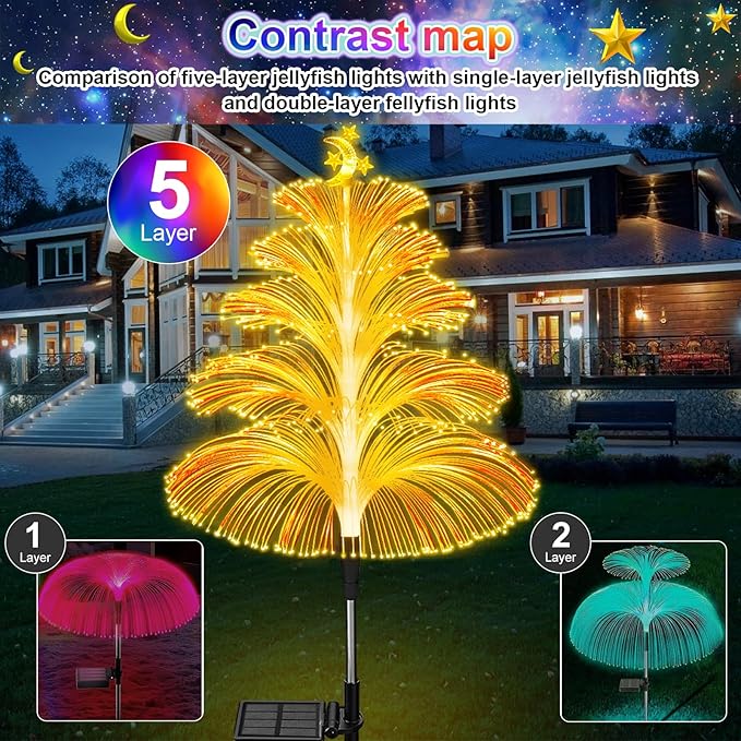Solar Garden Lights Decorations Outdoor Waterproof 5 Layer Optical Fiber 7 Color Changing for Yard Pathway Outside Decorative Gifts for Mother's Women, 3 Pack