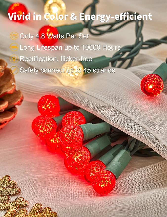 BOHON Christmas Lights 17FT 50 LED Faceted G15 Red and Warm White String Lights Outdoor Plug in Commercial Lighting Grade Tree Decorations for Indoor Xmas Decor, Green Wire, Waterproof