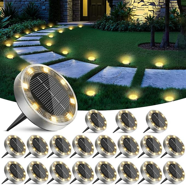 20 Pack Solar Ground Lights Outdoor, 8 LED Mini Flat Solar Disk Lights, IP65 Waterproof Anti-Rust Disc Light | Lumora