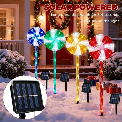 4PCS Lollipop Peppermint Solar Candy Cane Lights Outdoor - Christmas Solar Pathway Lights Christmas Lollipop Decorations 8 Modes Candy Cane Pathway Light for Outside Yard Walkway