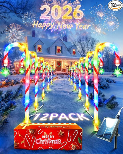 Anordsem Solar Christmas Decorations Outdoor: 21" Candy Cane Lights with Star 12 Pack - Waterproof LED 8 Colorful Lighting Models for Yard Pathway Xmas Decor - 2026 New Year Gifts for Homeowners