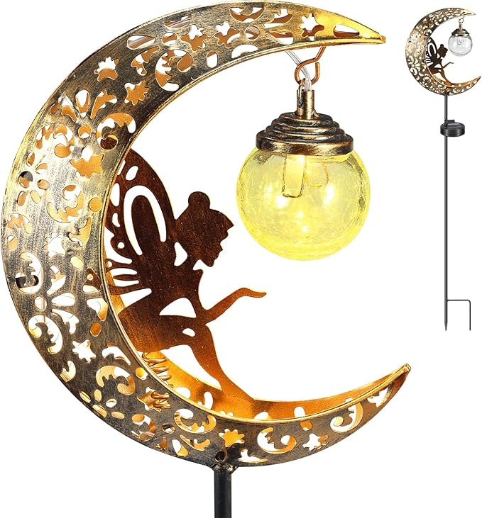Solar Garden Lights Outdoor Decor, Waterproof Moon Fairy Crackle Glass LED Metal Decorative Lights for Lawn, Walkway Backyard, Yard Decor, Birthday, Ramadan
