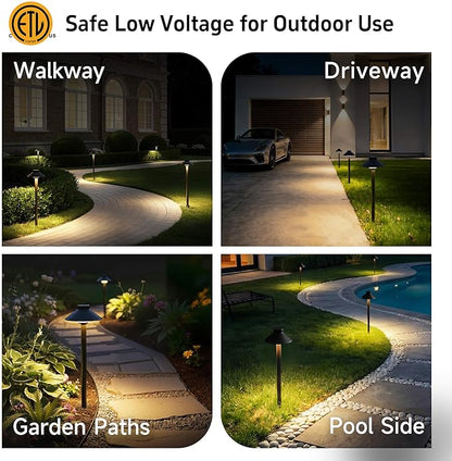 Gardenreet Solid Cast Brass Pathway Light - 12v LED Landscape Path Lights Outdoor Waterproof IP65, Electric Pathlights Wired, Hat Shape Black for Garden Decorations G4 Bulb Not Included (12 Pack)