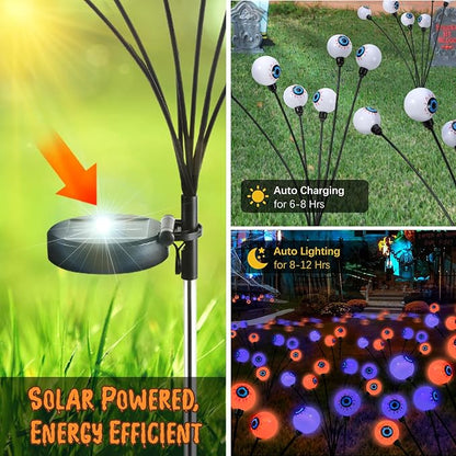 Lewondr Halloween Decorations Outdoor Eyeball Lights, 6 Pack Solar Garden Lights with 2 Modes, Waterproof Firefly Lamps Swaying by Wind for Yard, Pathway, Lawn, Patio, Party, Purple + Orange