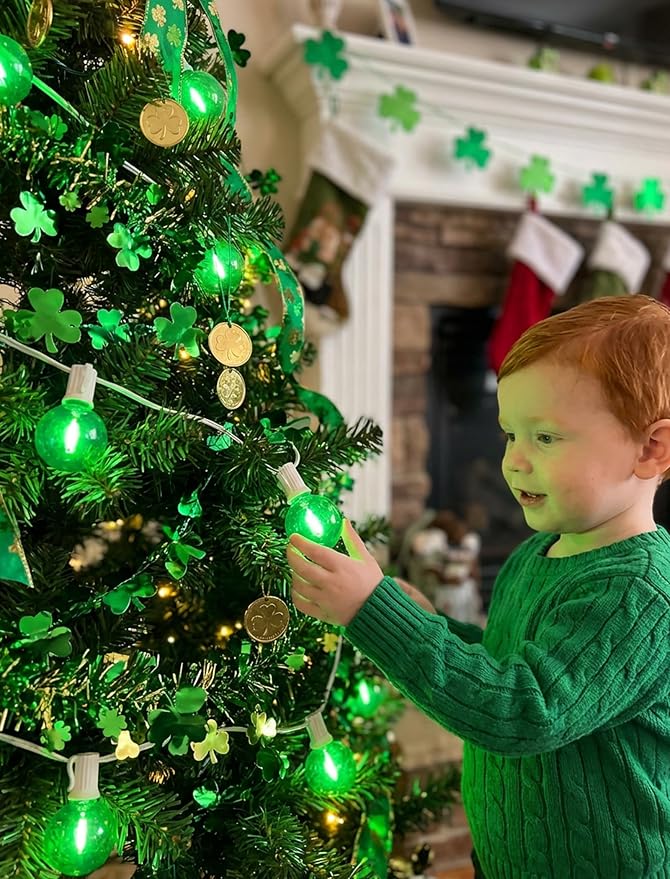 25FT G40 LED Outdoor Globe String Lights, Outdoor St. Patrick's Day Decorations Lights with 27 Shatterproof Clear Green Bulbs, Hanging Patio Lights Waterproof for Irish-themed Party Backyard Garden