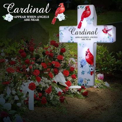 Yousoontic Cardinal Grave Solar Cross Lights Outdoor Memorial Garden Stake Cross Lights for Cemetery Grave Cardinal Garden Decor Solar Stake for Patio Memorial Decoration(Classic Style)