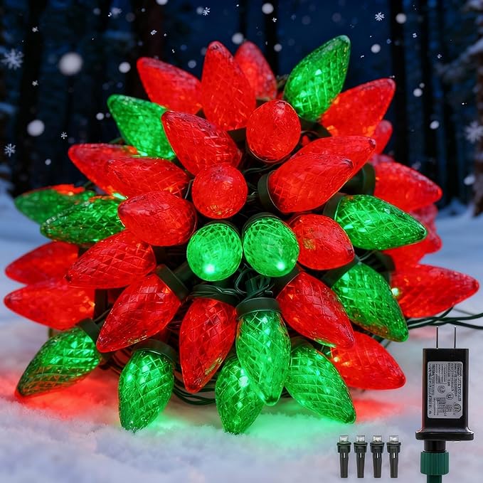 C9 LED Christmas Lights Outdoor,33 Feet 50 LED 8 Lighting Modes Waterproof Connectable Christmas String Lights for Outside Roofline Patio Home Xmas Decorations (Red & Green)