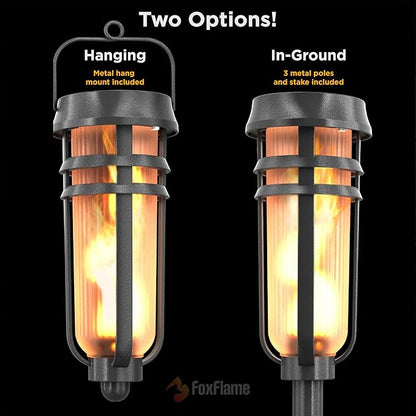 FoxFlame Metal Solar Torch Lights-Adjustable Height (24"-50"), Outdoor Garden Decor with Patented LED, Waterproof Solar Tiki Torches for Yard,Patio,Garden Pathway,Matte Black–2 Pack