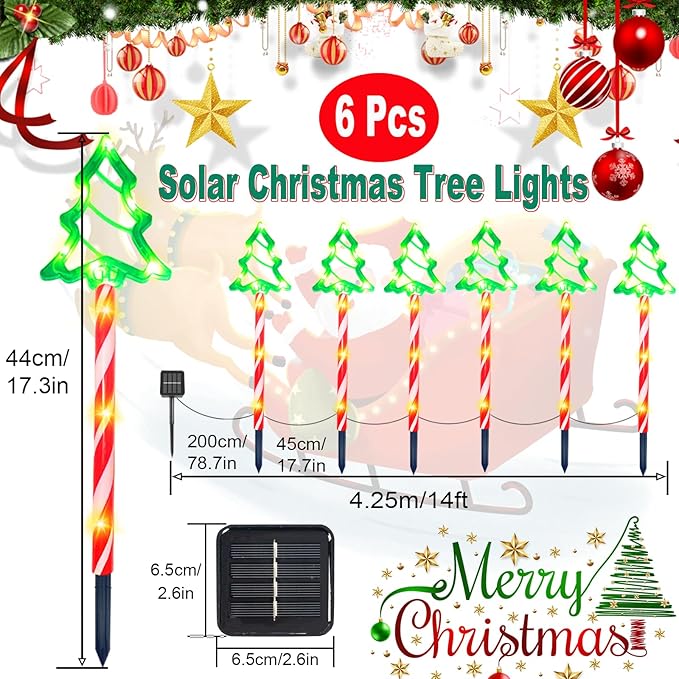 Solar Christmas Pathway Lights Outdoor Decorations, Christmas Decorations, 8 Modes Xmas Tree Candy Lights Waterproof Led Garden Stake Light for Walkway Yard Lawn Porch Holiday Decor-6 Pack
