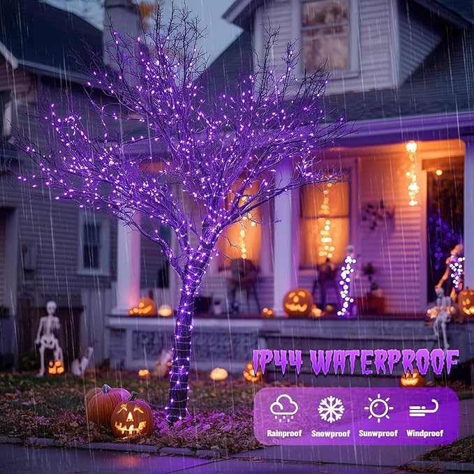 JMEXSUSS 2 Pack Solar Fairy Lights Outdoor, 33ft 100 LED Purple Christmas Lights, Waterproof 8 Modes Purple Solar Light for Outside Tree Garden Patio Halloween Christmas Decorations
