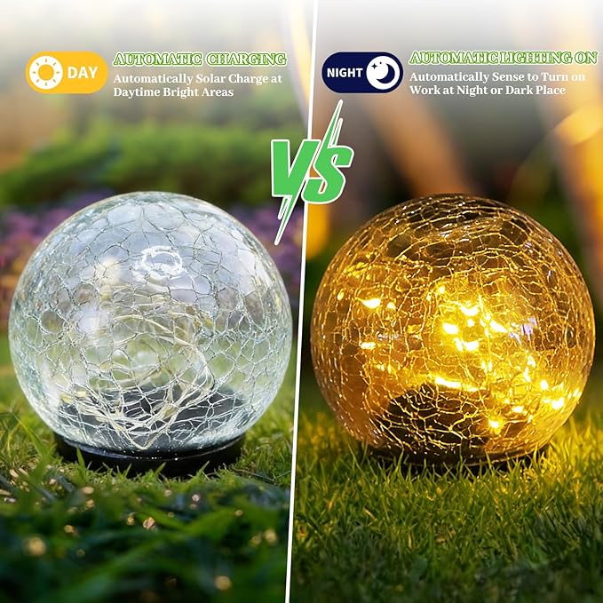 2 Pack Solar Path Lights Outdoor, Cracked Glass Globe with Light Control, IP67 Waterproof Solar Garden Lights, Warm Yellow & 4-Color LED Ball Lights for Yard, Patio, Lawn & Holiday Decor