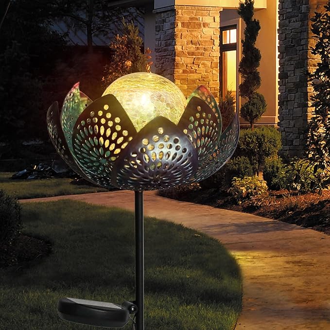 Afirst Solar Lights Outdoor, Garden Lotus Stake Lights Waterproof Decorative Pathway Light Metal Crackle Glass Solar Light Landscape for Garden,Patio,Lawn,Walkway,Tabletop,Pathway,Yard Decor, Blue
