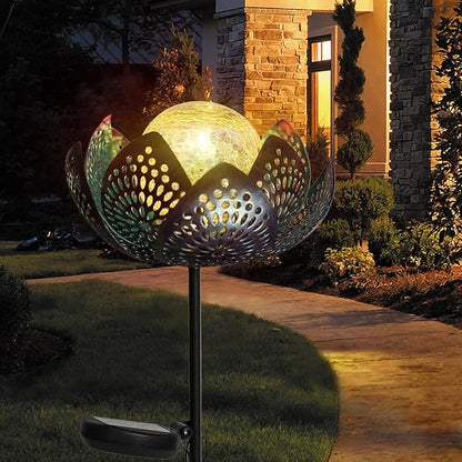 Afirst Solar Lights Outdoor, Garden Lotus Stake Lights Waterproof Decorative Pathway Light Metal Crackle Glass Solar Light Landscape for Garden,Patio,Lawn,Walkway,Tabletop,Pathway,Yard Decor, Blue