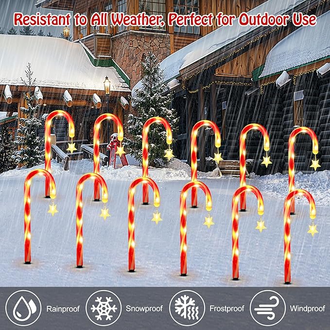 Lewondr 15" Solar Christmas Candy Cane Lights Outdoor, Pathway Stake Lights with 2 Modes, 216 LED Beads, Waterproof | Lumora