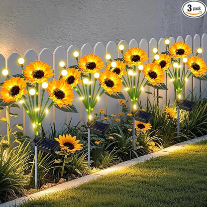 4 Pack Solar Sunflower Lights Outdoor Garden Decor, Upgraded with Firefly Lights, Waterproof Solar Flower Stake for Outside Yard Lawn Backyard, Gardening Gifts for Women Mom Grandma
