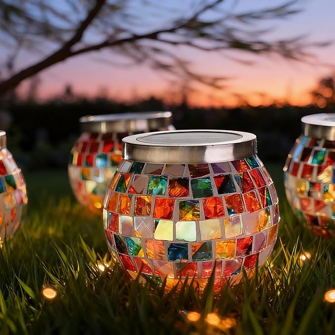 Cooo 4 Pack Valentines Day Gifts for Him Her Landscape Lighting Path Lights Heavy Solar Mosaic Lantern with RGB Color-Changing Light – Dual Solar Panels, Red Amber Glass Tiles, Waterproof Outdoor