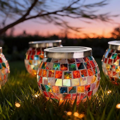 Cooo 4 Pack Valentines Day Gifts for Him Her Landscape Lighting Path Lights Heavy Solar Mosaic Lantern with RGB Color-Changing Light – Dual Solar Panels, Red Amber Glass Tiles, Waterproof Outdoor