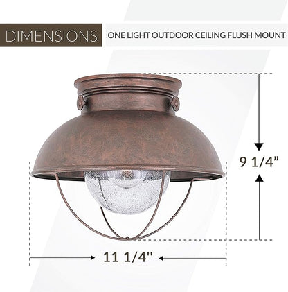 Sea Gull Lighting 8869-44 Sebring One-Light Outdoor Flush Mount Ceiling Light with Clear Seeded Glass Diffuser, Weathered Copper Finish