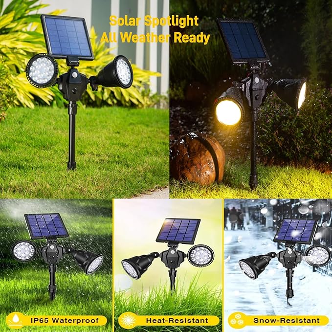 Solar Spot Lights Outdoor Waterproof, Double Head Adjustable Bright LED Solar Motion Sensor Lights for Outside | Lumora