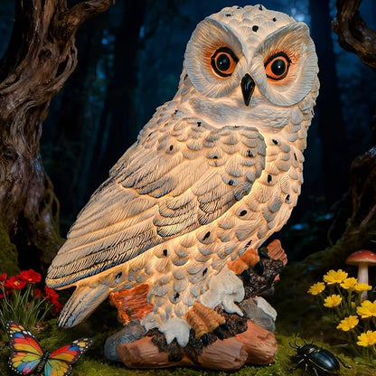 Solar Owl Garden Outdoor Statue,Owl Figurine Sculpture with LED Lights for Porch Patio Lawn Yard Deck Spring Decor - Ideal Easter Day Housewarming Christmas Gift for Women Men Owl Lover(White)