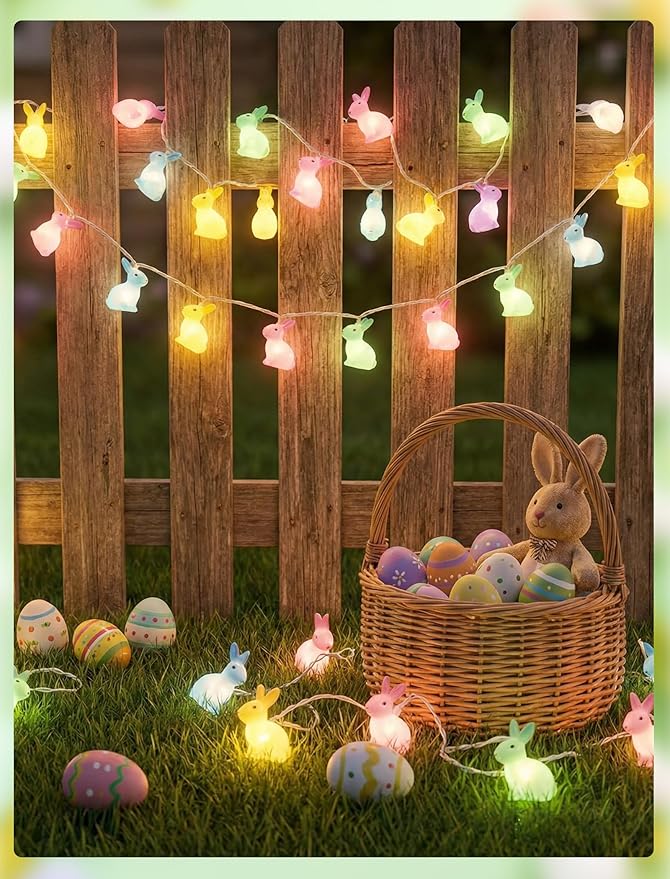 Easter Rabbit String Lights 8.5FT Plug in Bunny Fairy Lights Outdoor Easter Decorations String Lights with 10 Multicolor Bunny Lights for Indoor Wedding Birthday Party Garden Wall Home Decorations