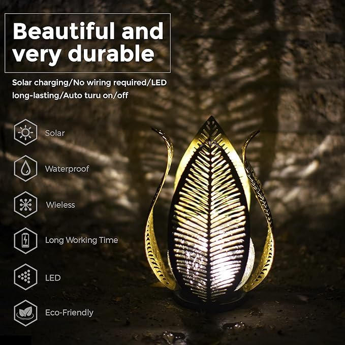 Solar Garden Lights Waterproof Decorations,Crackle Globe Glass,Metal Palm Leaf Solar Lights for Outdoor Decor On | Lumora