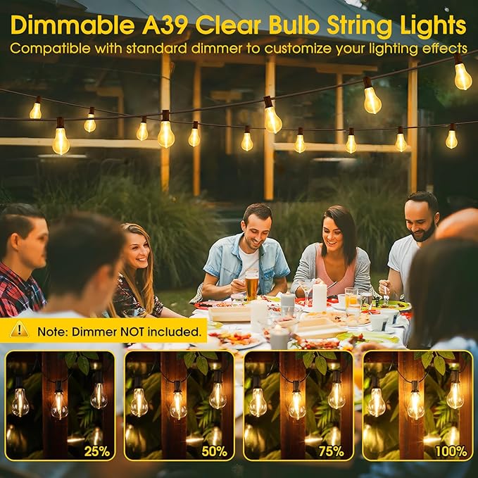 100FT LED Outdoor String Lights, Waterproof Patio Lights with 32 Shatterproof Dimmable 2700K A39 Bulbs Hanging | Lumora
