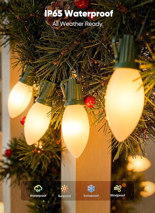 Vintage C9 LED Christmas Lights Outdoor, 50 Feet C9 String with 50 Shatterproof Matte Bulbs, Connectable Waterproof Tree Lights for Holiday Roofline, Backyard Garden Decor, Warm White