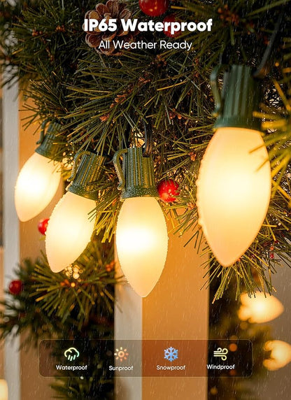 Vintage C9 LED Christmas Lights Outdoor, 50 Feet C9 String with 50 Shatterproof Matte Bulbs, Connectable Waterproof Tree Lights for Holiday Roofline, Backyard Garden Decor, Warm White
