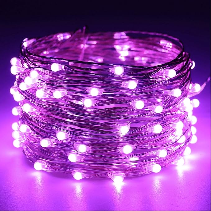 RUICHEN Dimmable Purple Fairy Lights Plug in, 33 Ft 100 LED Twinkle String Lights with Remote, Waterproof Silver Wire Lights for Christmas Halloween Party Bedroom Patio Garden