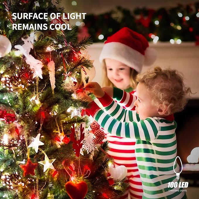 WATERGLIDE C6 Valentines Lights, 33ft 100 LED Faceted String Lights Green Wire Christmas Fairy Lights with 29V Adaptor, 8 Lighting Mode, Waterproof for Indoor Outdoor Patio Xmas Tree Party Decor, Red