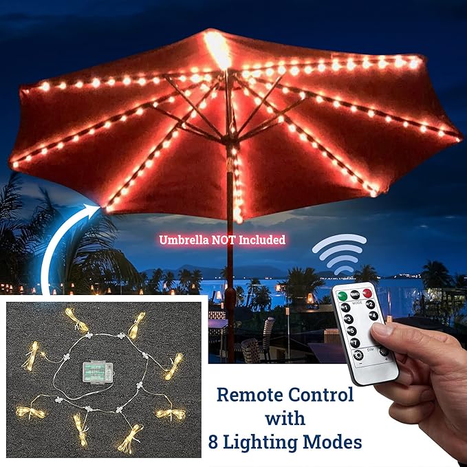 BenefitUSA Patio Umbrella Warm White Lights 8 Lighting Mode 104 LED String Lights with Battery and Remote Control Umbrella Lights Operated for Restaurant Coffee Shop Outdoor Garden Holidays Party