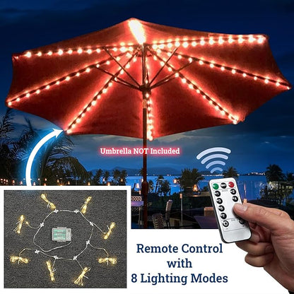BenefitUSA Patio Umbrella Warm White Lights 8 Lighting Mode 104 LED String Lights with Battery and Remote Control Umbrella Lights Operated for Restaurant Coffee Shop Outdoor Garden Holidays Party