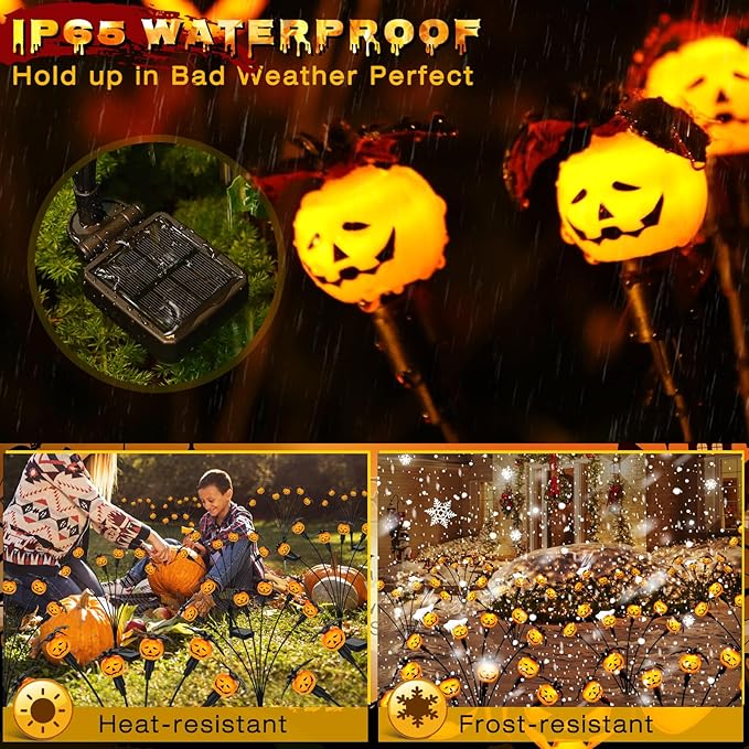 Halloween Decorations Outdoor 4 Pack Solar Lights, 24 LED Scary Pumpkin Swaying Firefly Lights with Spider & Bats for Outside Garden Yard Lawn Grave Cemetery Ghost Decor Party, Orange