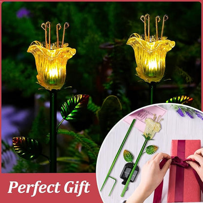 Solar Decorative Flowers 2 Pack - Waterproof Yellow Glass Lily Flower Lights, Auto ON/OFF for Garden, Patio, Backyard