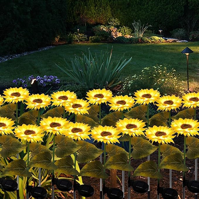 2 Pack Solar Garden Stake Lights, Outdoor Sunflower LED Solar Powered Lights for Patio Lawn Garden Yard Pathway Decoration (Sunflower Warm White)