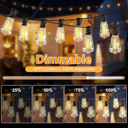 Smart Outdoor String Lights, 100FT ST38 LED Patio Lights with Timer Remote APP Control, 42 Shatterproof LED Bulbs (2 Spare), Dimmable Waterproof Hanging Light for Backyard Porch Party Decor