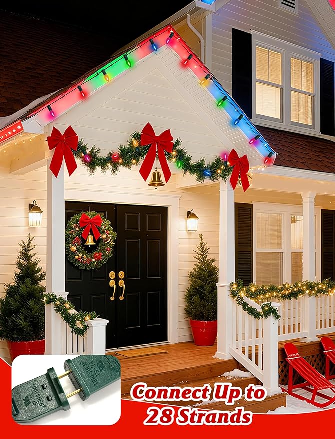 Multicolor C7 Christmas Lights, 25Ft C7 LED Outdoor String Lights with 27 Clear Multicolor Bulbs, Hanging Halloween Decorative for Indoor Outdoor Holiday Party Backyard Garden, Green Wire