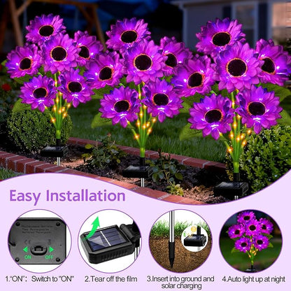 Solar Sunflower Lights Outdoor Garden Decor, 3 Pack Solar Purple Flowers Lights with 18 Sunflowers, Waterproof Fall Decor Stake Decorative Light Auto ON/Off for Garden Yard Patio, Gift for Women
