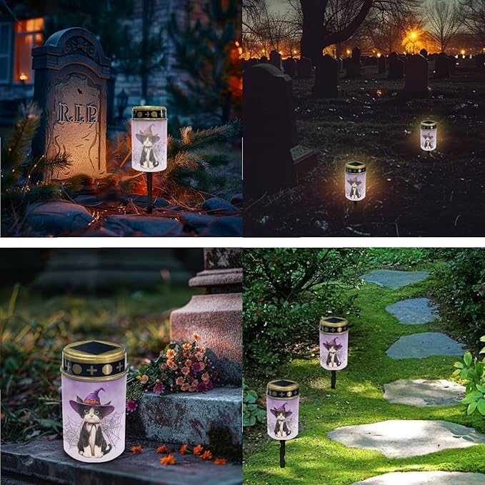 Halloween Solar Outdoor Lights Waterproof Solar Lights for Cemetery 2 Pcs Memorial Solar Lights for Graves Solar Outdoor Light Waterproof